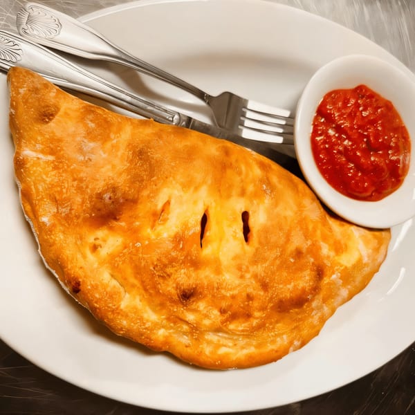 Golden-brown calzone with three slits on top, served with a side of red marinara sauce and silverware.