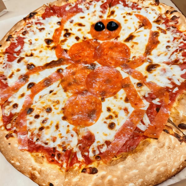 A pepperoni pizza from Alessandro's Pizza decorated with black olives and pepperoni to look like a spider.